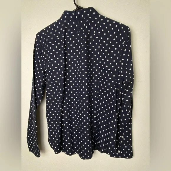 Chaps Blue and White Tie Front Blouse with Mandarin Collar - Picture 4 of 6